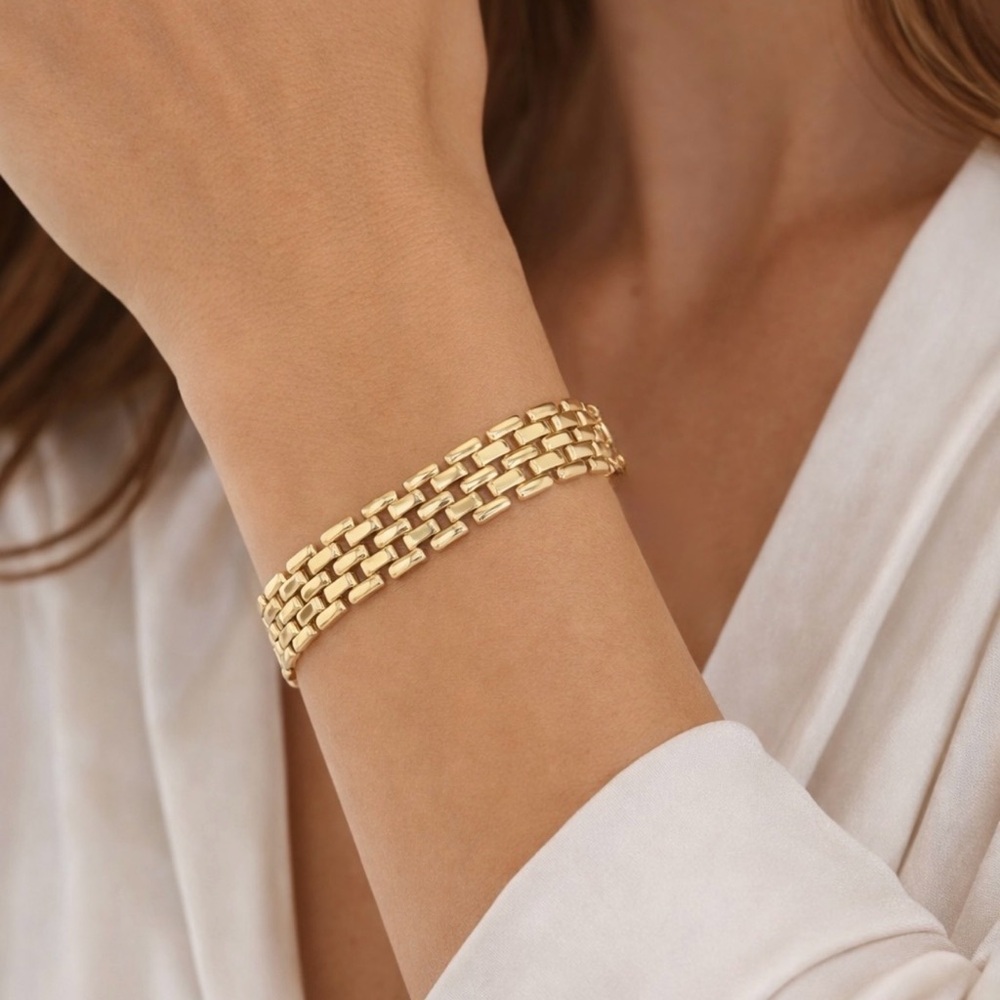 14K Gold Plated Chunky Wide Link Bracelet | Triple Row Chain Waterproof Jewelry